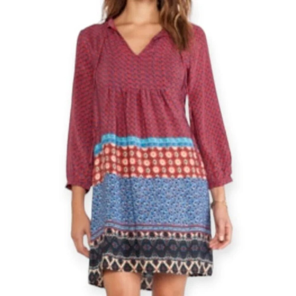 Tolani Sava Dress Long Sleeves Silk Boho Blue Red‎ Print XL